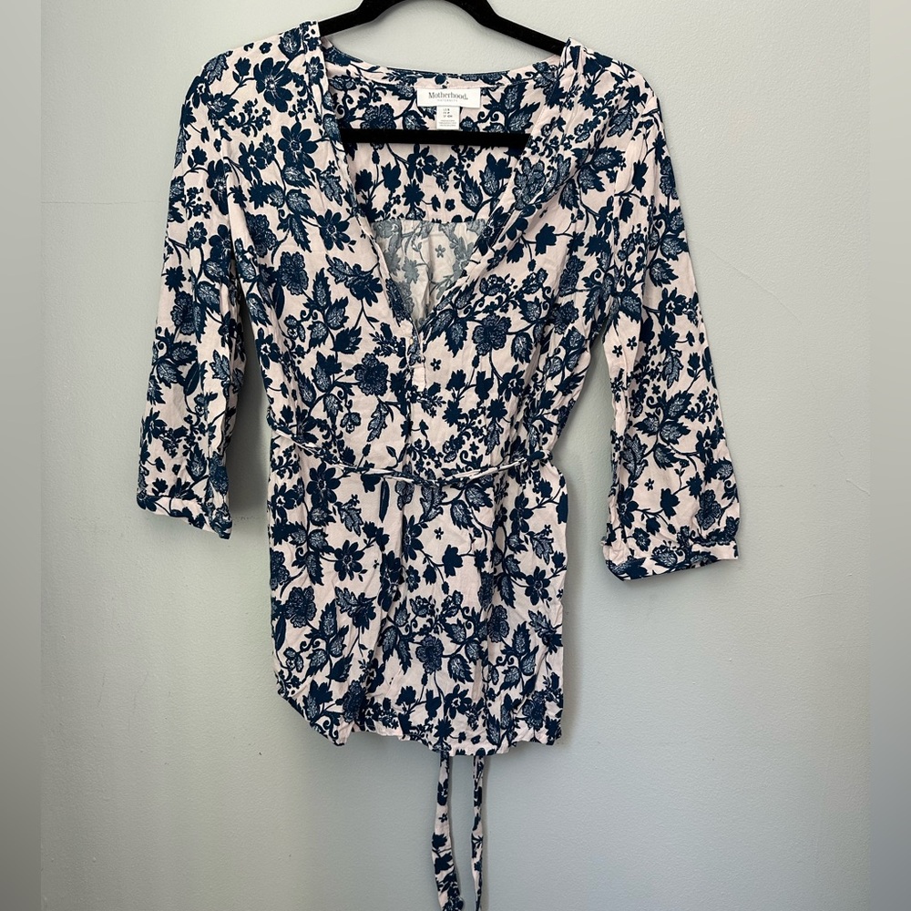 Motherhood Floral Wrap Blouse - Navy and Pink